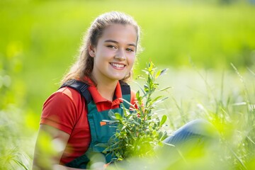 Smiling Young Woman Holding Small Tree in Lush Green Field