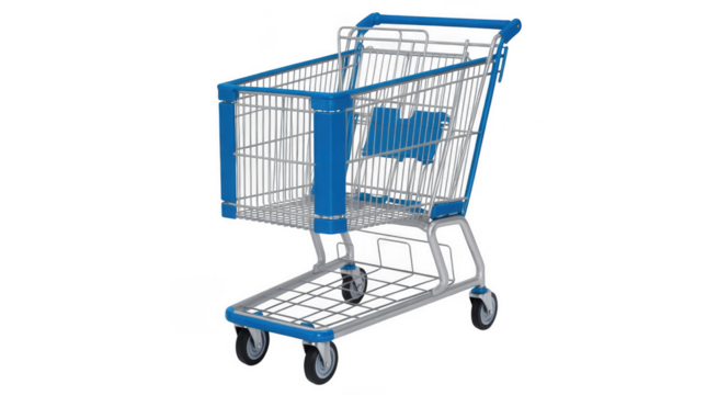 Blue and silver metal shopping cart with wire basket and wheels isolated on a transparent background