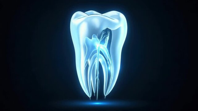 Glowing translucent tooth anatomy with visible nerves and roots pulsing with light against a dark