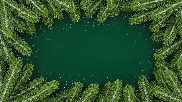Green christmas tree branches border around dark green background with glitter - Powered by Adobe