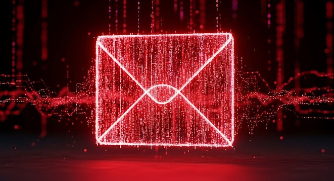 Glowing red neon envelope symbol illuminates a digital matrix of falling data streams