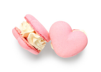Sweet heart-shaped macaroons on white background. Valentine's Day celebration