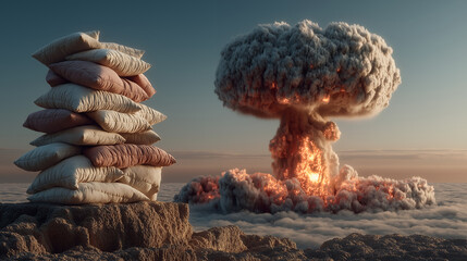 Surreal mock-up of mushroom cloud made from energy particles creative explosion visualization powerful destruction concept innovative atomic metaphor modern art design generated AI
