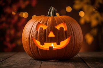 Fototapeta premium Glowing Halloween pumpkin with carved face on rustic wood