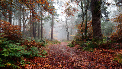Obraz premium Autumnal Path Through a Misty Forest with Fallen Leaves.
