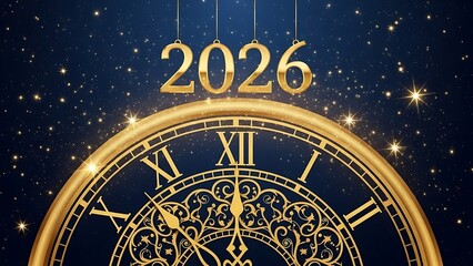 Elegant New Year 2026 celebration background with vintage clock and sparkling golden lights for festive countdown