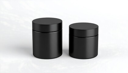 Two sleek, matte-black cylindrical containers with lids, one slightly larger than the other, are isolated on a white backdrop