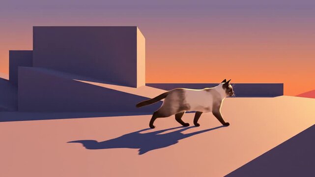 A stylized image featuring a cat with a Siamese pattern walking across a geometric landscape at sunset