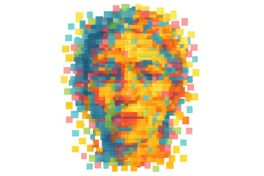 Abstract pixelated human face artwork with vibrant colorful blocks creating a digital mosaic portrait on transparent background