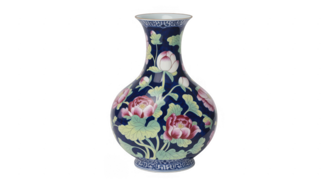 Blue porcelain vase with pink and white peonies and green leaves isolated on a transparent background