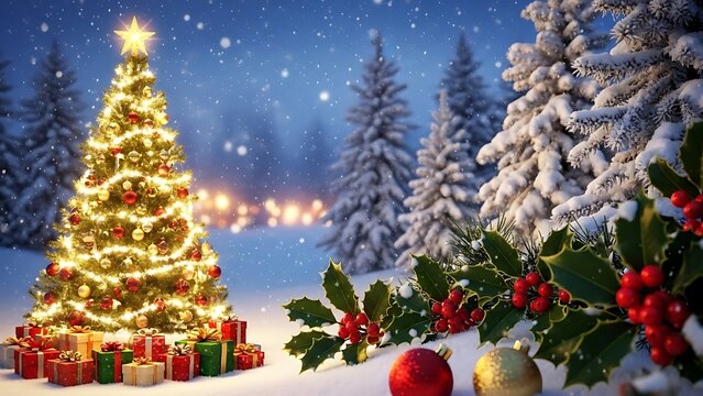 Festive christmas tree adorned with lights and gifts in a snowy forest