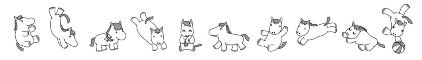 単色ラインで描いた馬キャラクターの多ポーズ横長セット（白黒）
