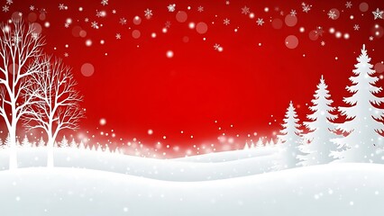 Festive Winter Wonderland Background with Snowy Landscape, Bare Trees, and Evergreen Firs, Adorned with Falling Snowflakes for Holiday Season Celebrations