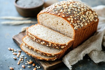 A loaf of artisanal bread with a golden crust, adorned with various seeds and nuts, resting on a rustic wooden cutting board.
