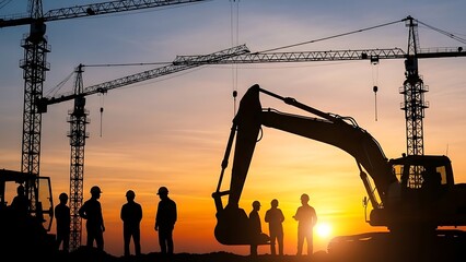 Silhouetted construction workers and heavy machinery at a vibrant sunset, symbolizing progress and industrial development