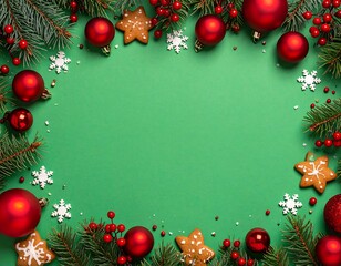 Festive Holiday Frame Adorned with Evergreen Branches, Ornaments, and Gingerbread on a Green Backdrop