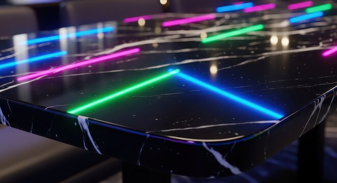 Striking marble table enhanced with vibrant neon lights creating a modern abstract aesthetic
