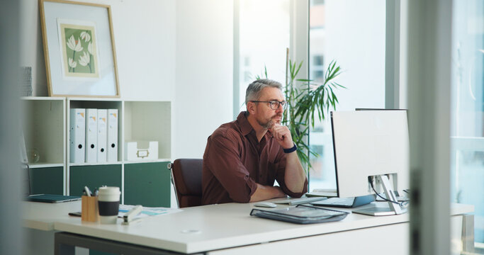 Review, man or think with computer in office, internal control ideas or risk management observation. Reading, check financial records or auditor with policy compliance insight, pc or asset reflection