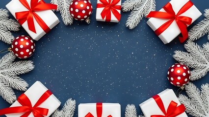 Obraz premium Festive christmas wreath of gifts and ornaments on dark blue background with snow