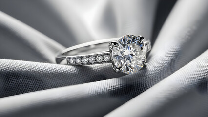 Magnificent brilliant cut diamond engagement ring reflecting light on luxurious draped silk fabric signifying everlasting commitment and romantic celebration moments