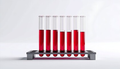 A row of glass test tubes filled with red liquid, held in a rack, on a white backdrop