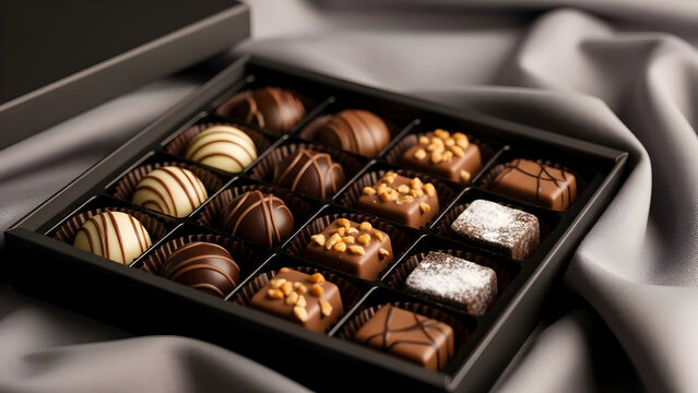 Exquisite assortment of handcrafted gourmet chocolates and confectionery presented in a stylish black gift box, signifying a premium sweet indulgence and luxurious dessert experience