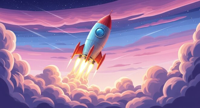 Vintage rocket launch among dreamy clouds against celestial sky backdrop