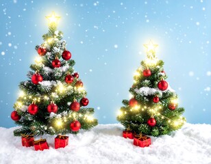 Beautifully Decorated Christmas Trees Sparkle in a Winter Wonderland with Gently Falling Snow and Festive Ornaments, Symbolizing Holiday Joy