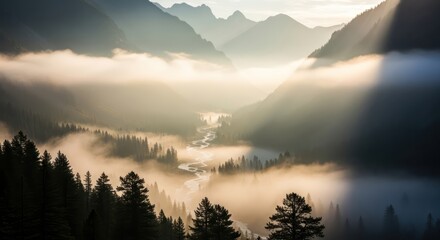 Serene valley landscape veiled in mist with sunlight illuminating the mountain range