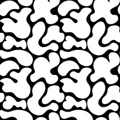 Black and white seamless abstract organic pattern with fluid shapes and curvy lines creating modern minimalist background for textiles wallpaper packaging and contemporary graphic design