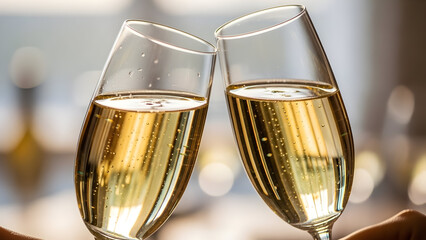 Elegant champagne flutes clinking in a celebratory toast symbolizing joy and success at a festive gathering or special occasion with sparkling golden bubbles