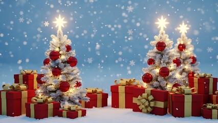 Enchanting winter wonderland with illuminated Christmas trees and festive presents under falling snow