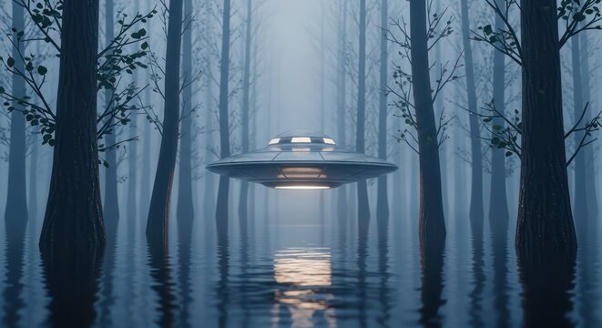 Mysterious encounter in a flooded forest a flying saucer hovers above the tranquil water