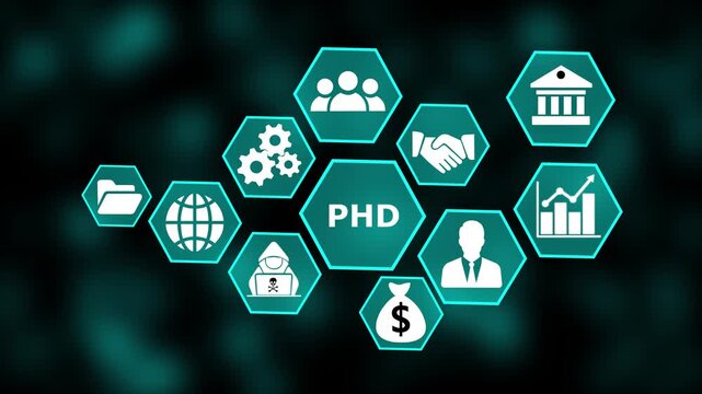 PHD Concept with Modern Technology, Data Analytics and Futuristic Business Graphics. PHD business concept on a flashing computer monitor on a background. 4k video animation