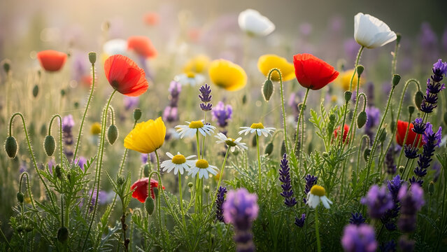 A stunning vibrant meadow filled with colorful wild poppies, white daisies, and purple lavender blooming under the soft golden morning light, evoking a sense of tranquil natural beauty and fresh