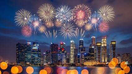 Spectacular fireworks illuminate a vibrant city skyline at night, reflecting over water with festive bokeh lights