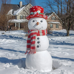 Joyful Traditional Snowman in Snowy Neighborhood, Winter Holiday Cheer & Cold Weather Season Concept