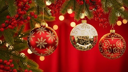 Sparkling Christmas Ornaments Adorning Evergreen Branches, Illuminated by Warm Bokeh Lights, Evoking Festive Holiday Spirit
