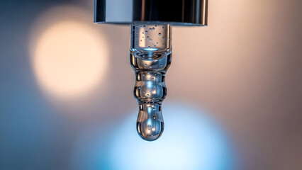 Close-up of a glass dropper with a single clear liquid drop suspended at its tip illustrating precision in cosmetic serum application or scientific laboratory work