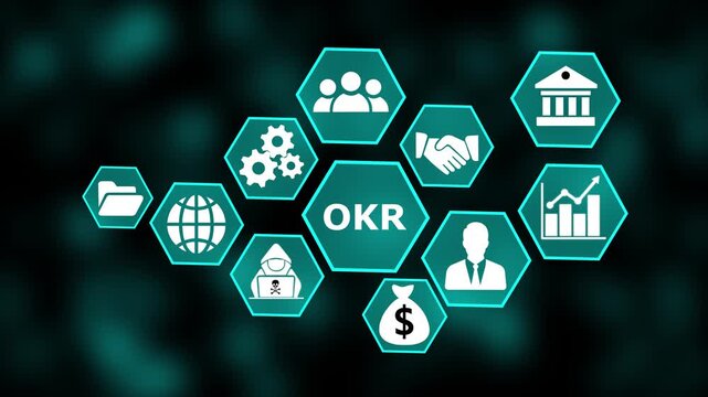 OKR Concept with Modern Technology, Data Analytics and Futuristic Business Graphics. OKR business concept on a flashing computer monitor on a background. 4k video animation