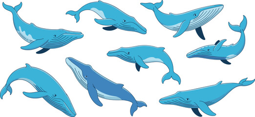 Cartoon blue whales collection, playful marine animal illustrations, ocean wildlife characters, aquatic creatures swimming, cute whale drawings for educational and creative projects