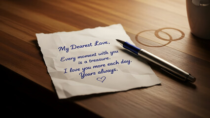 Heartfelt crumpled love note handwritten with a pen on a rustic wooden table featuring intertwined coffee cup rings symbolizing deep affection and cherished romantic connection