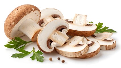 Fresh raw white champignon mushrooms on a wooden board