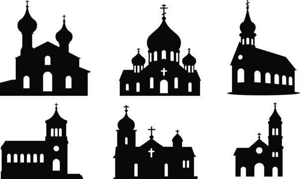 Collection of traditional church silhouettes, religious building icons, Orthodox cathedral shapes, historic architecture elements for faith, worship, culture, spirituality illustrations