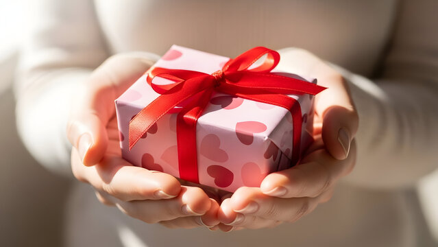 Person gently presenting a beautifully wrapped pink heart pattern gift box with a vibrant red ribbon bow for a joyful celebration or special occasion of love