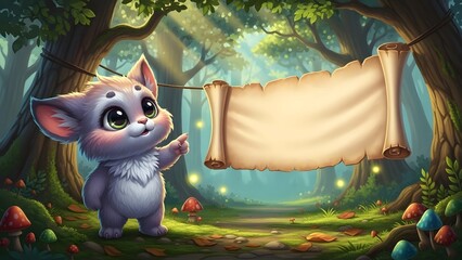 Fantasy Kitten Character Pointing at Rustic Scroll Banner in Enchanted Forest