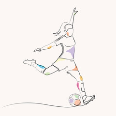 female kicking a soccer ball one line drawing. female playing mini soccer single line illustration. female shooting ball minimalist line art