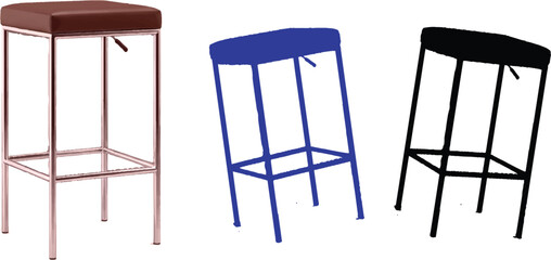  accent chair chair materials wooden chairs metal chairs three distinct  stools, each showcasing a unique color and design.The maroon seat paired with silver metallic .Victor Illustrator Design