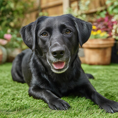 Joyful Black Labrador in Lively Garden: Happy Canine and Cherished Companion in Nature Backdrop