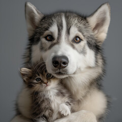 Fototapeta premium Adorable Animal Companionship: Wolf and Cat Embrace in a Heartwarming Portrait with Vibrant Fur and Expressive Eyes